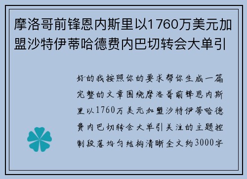 摩洛哥前锋恩内斯里以1760万美元加盟沙特伊蒂哈德费内巴切转会大单引关注